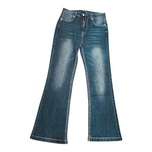 Women’s Dark Wash Flare Jeans Size L High Rise Stretch Y2K Style